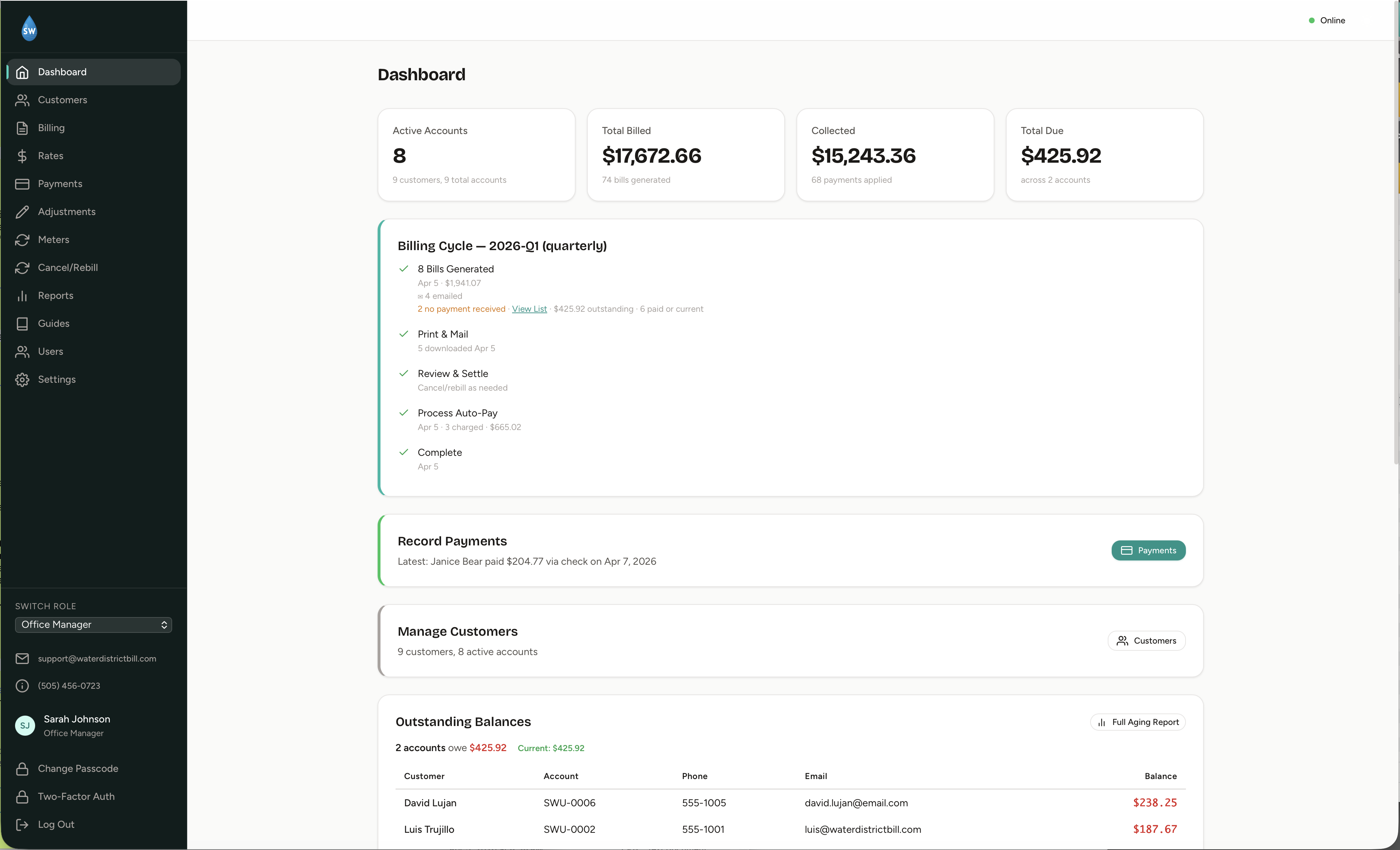Accountant dashboard with KPI cards, revenue chart, recent payments, and recent readings